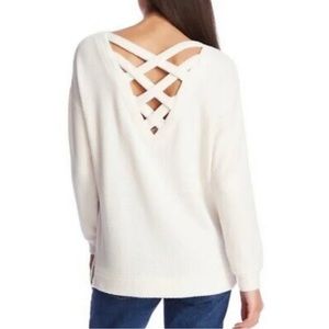 1.STATE NEW Lattice V-Back Waffle Weave Sweater in Soft Ecru Size XS